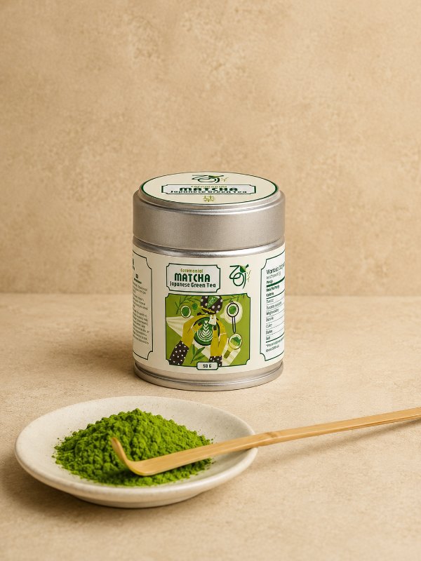 Matcha ceremonialna ZOI w srebrnej puszce 50 g, przed nią talerzyk z proszkiem i chashaku (bambusowa łyżeczka)